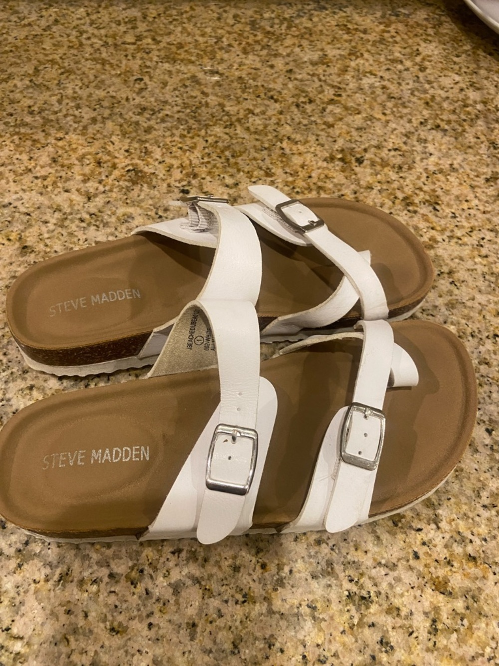 Madden Girl Steve Madden White Double Buckle Slide Sandals